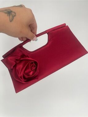 Y2K Red Satin Rosette Small Evening Bag Clutch Snap Close Formal Handbag